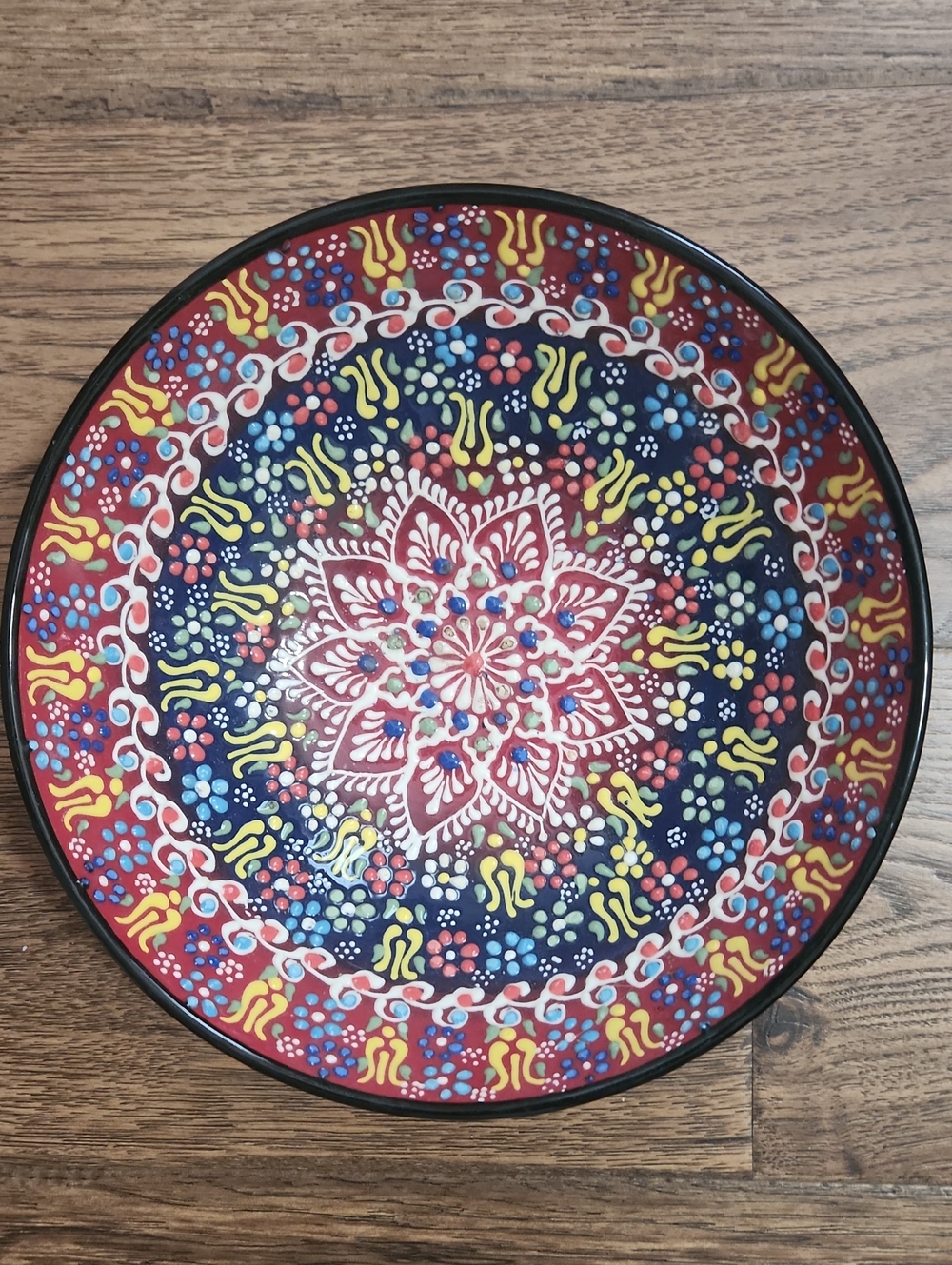 Hand-Painted Ceramic Decorative Bowl - Red & Navy Floral Mandala
